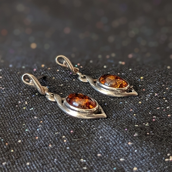 Vintage Silver and Baltic Amber Dangle Earrings - Picture 1 of 4